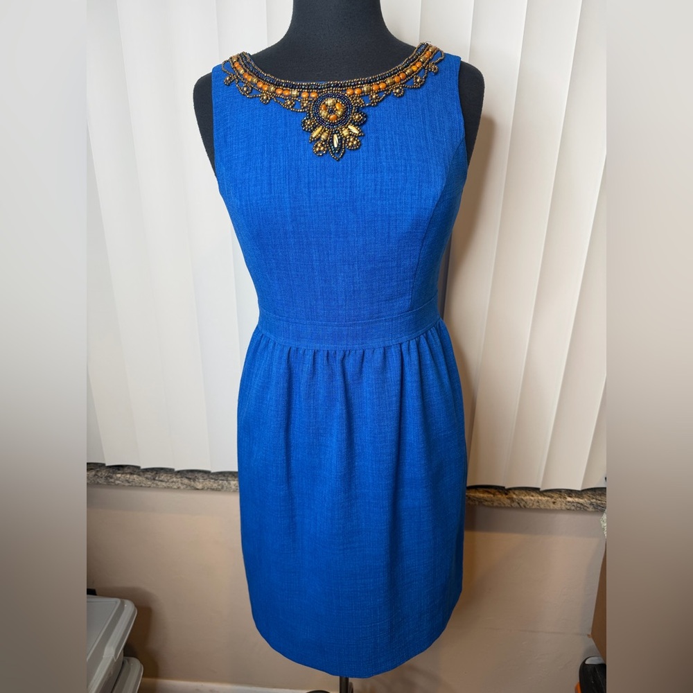 Ellen Tracy Cobalt Blue Beaded Neckline Dress sleeveless pleated skirt SZ XS